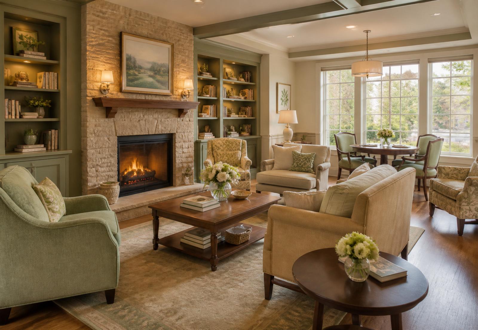 Sunlit common room with stone fireplace and comfortable seating