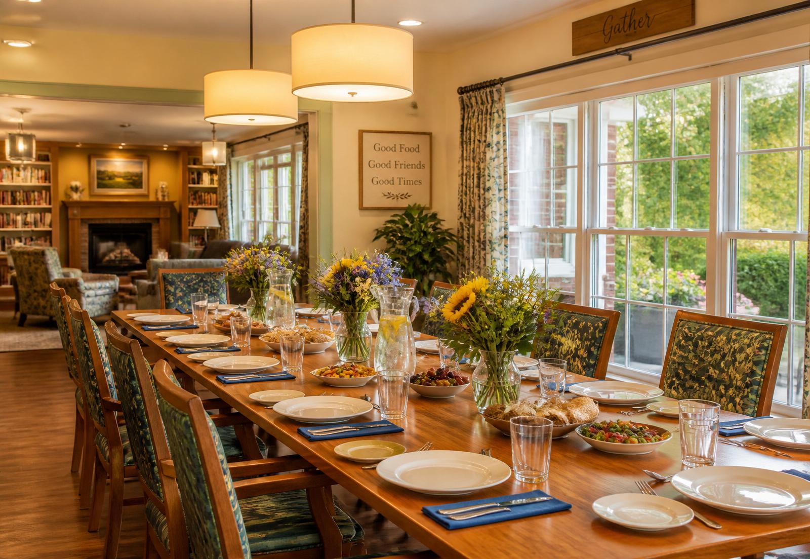 A communal dining table set for a shared meal