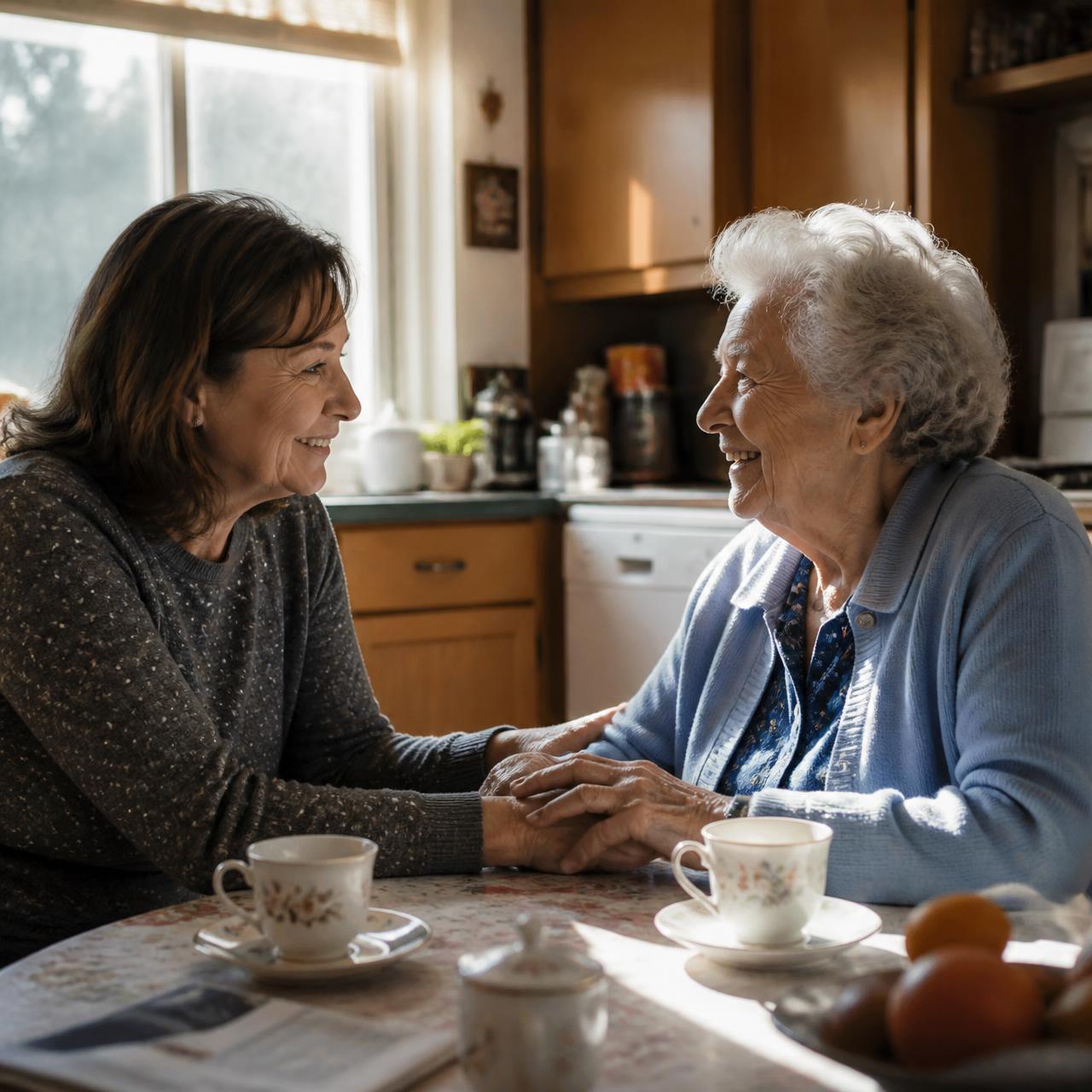 Adult daughter visiting senior mother over tea