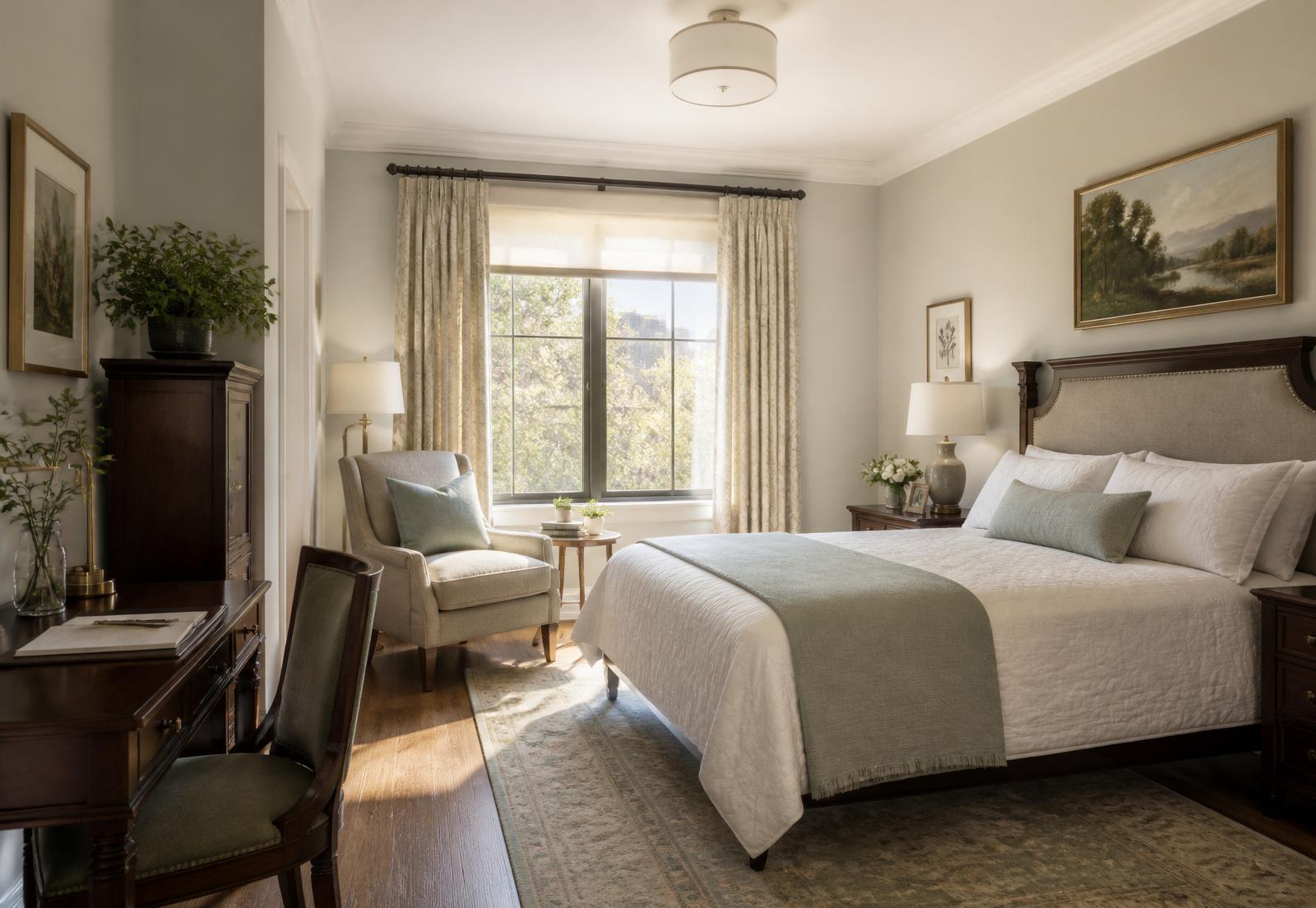 A warm private suite with reading chair and natural light