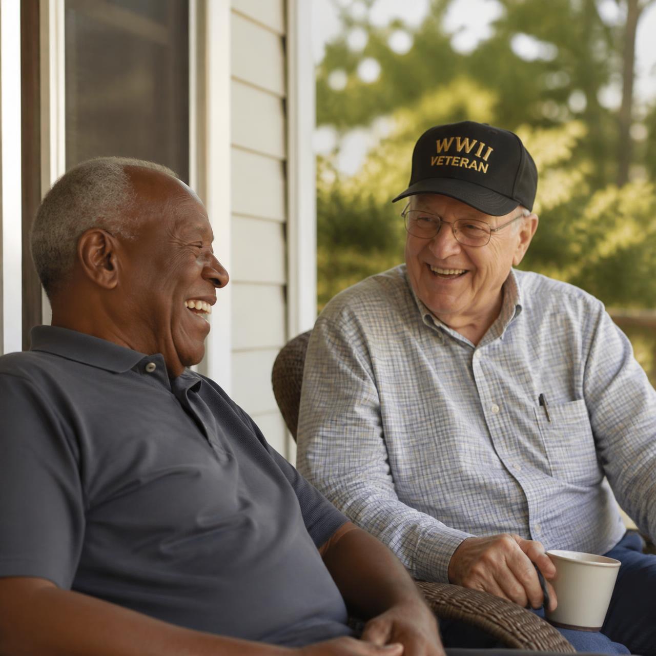 Two senior friends, one a veteran, sharing a laugh on the porch